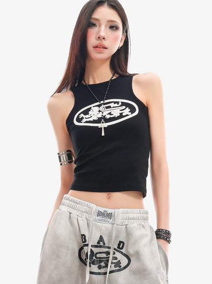 QIUQIU STUDIO Black White Contrast Creative Print Racerback Round Neck Women&