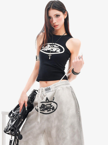 QIUQIU STUDIO Black White Contrast Creative Print Racerback Round Neck Women&