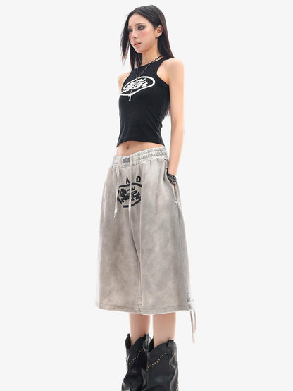 QIUQIU STUDIO Black White Contrast Creative Print Racerback Round Neck Women&