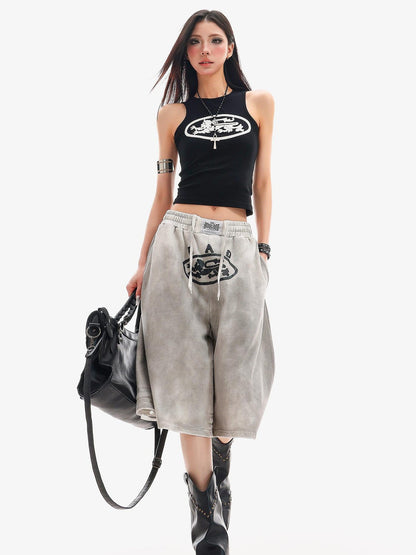 QIUQIU STUDIO Black White Contrast Creative Print Racerback Round Neck Women&