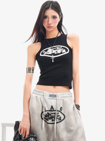 QIUQIU STUDIO Black White Contrast Creative Print Racerback Round Neck Women&