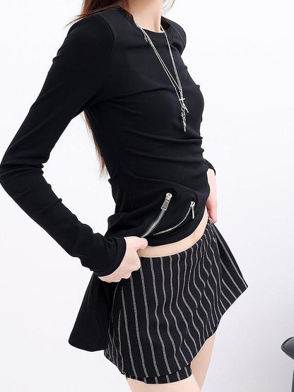 QIUQIU STUDIO Black White Striped Mid Waist Tailored With Lining Bodycon Women&