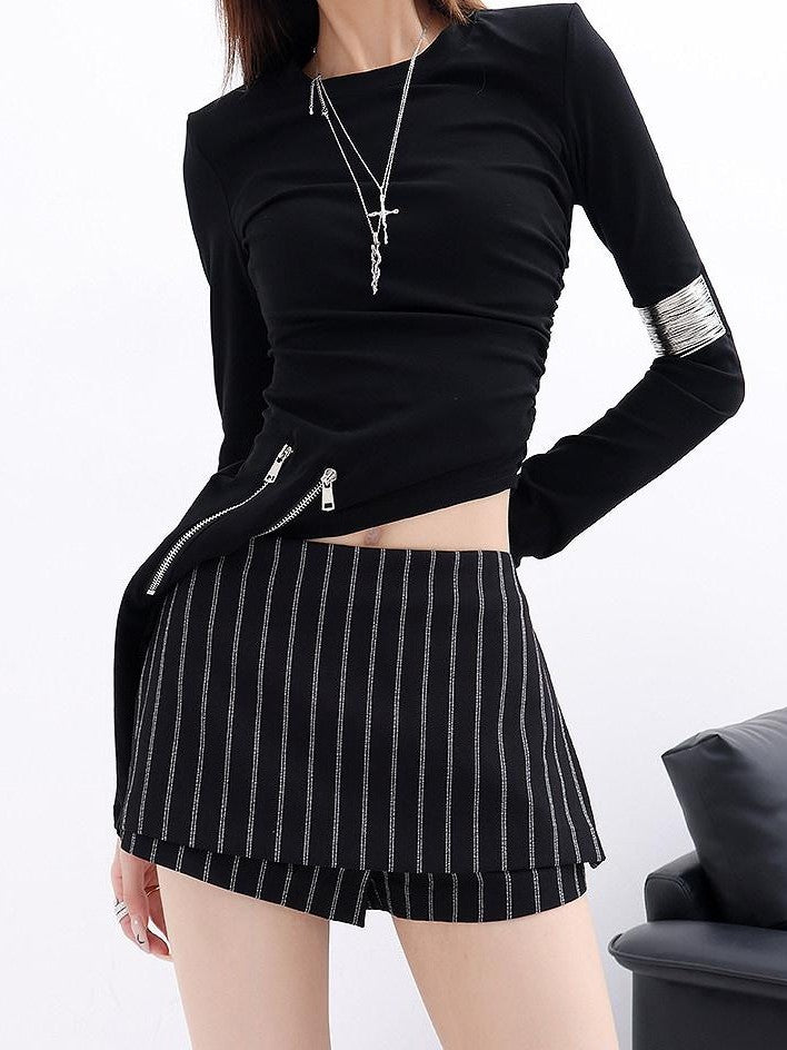 QIUQIU STUDIO Black White Striped Mid Waist Tailored With Lining Bodycon Women&