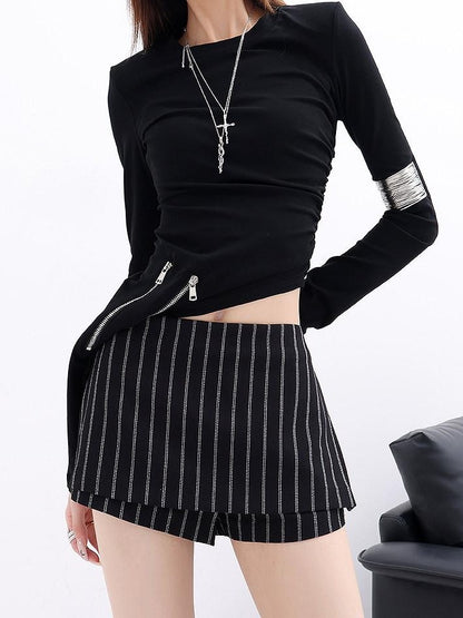 QIUQIU STUDIO Black White Striped Mid Waist Tailored With Lining Bodycon Women&