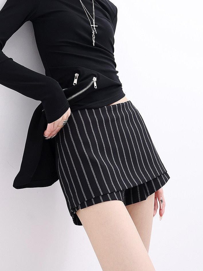 QIUQIU STUDIO Black White Striped Mid Waist Tailored With Lining Bodycon Women&
