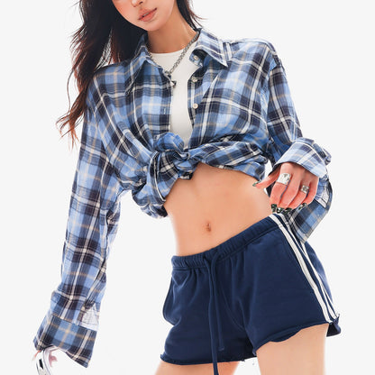 QIUQIU_STUDIO_Blue_Black_Plaid_Contrast_Collar_Cropped_Relaxed_Long_Sleeve_Women&