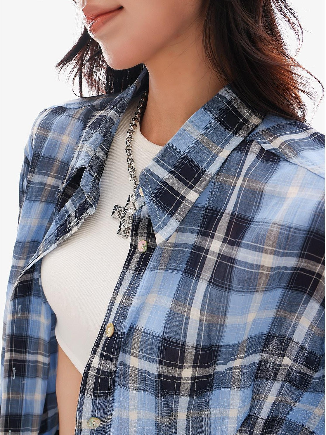 QIUQIU STUDIO Blue Black Plaid Contrast Collar Cropped Relaxed Long Sleeve Women&