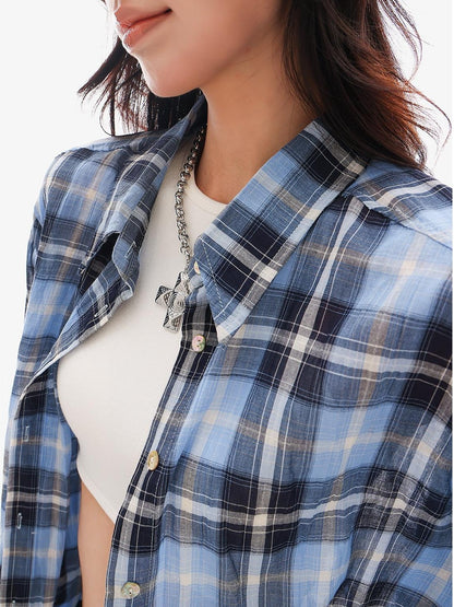 QIUQIU STUDIO Blue Black Plaid Contrast Collar Cropped Relaxed Long Sleeve Women&