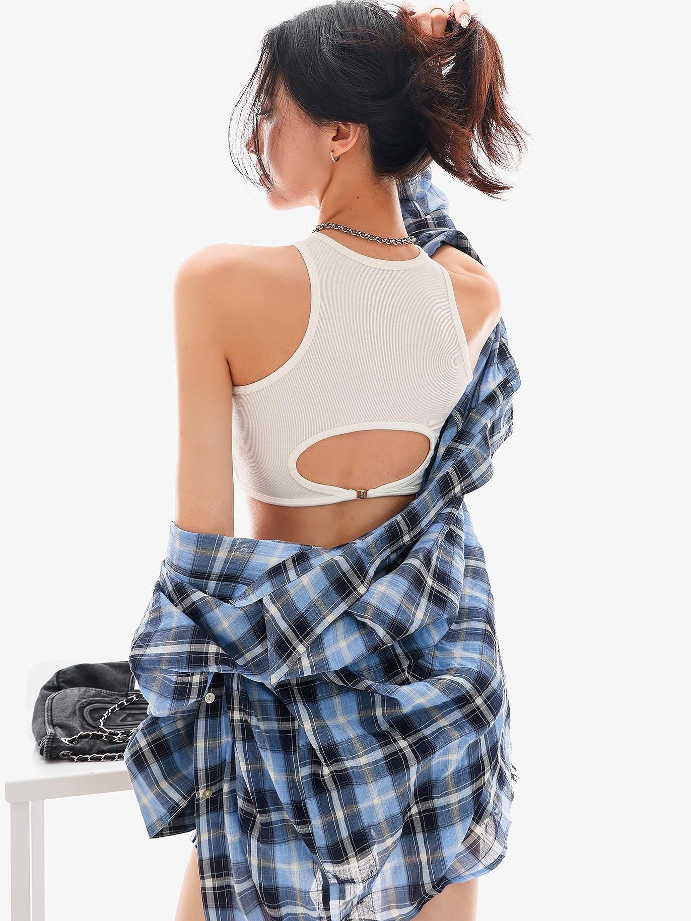QIUQIU STUDIO Blue Black Plaid Contrast Collar Cropped Relaxed Long Sleeve Women&