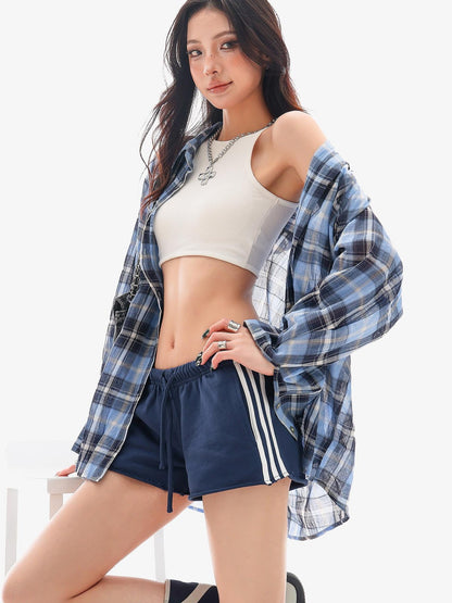 QIUQIU STUDIO Blue Black Plaid Contrast Collar Cropped Relaxed Long Sleeve Women&
