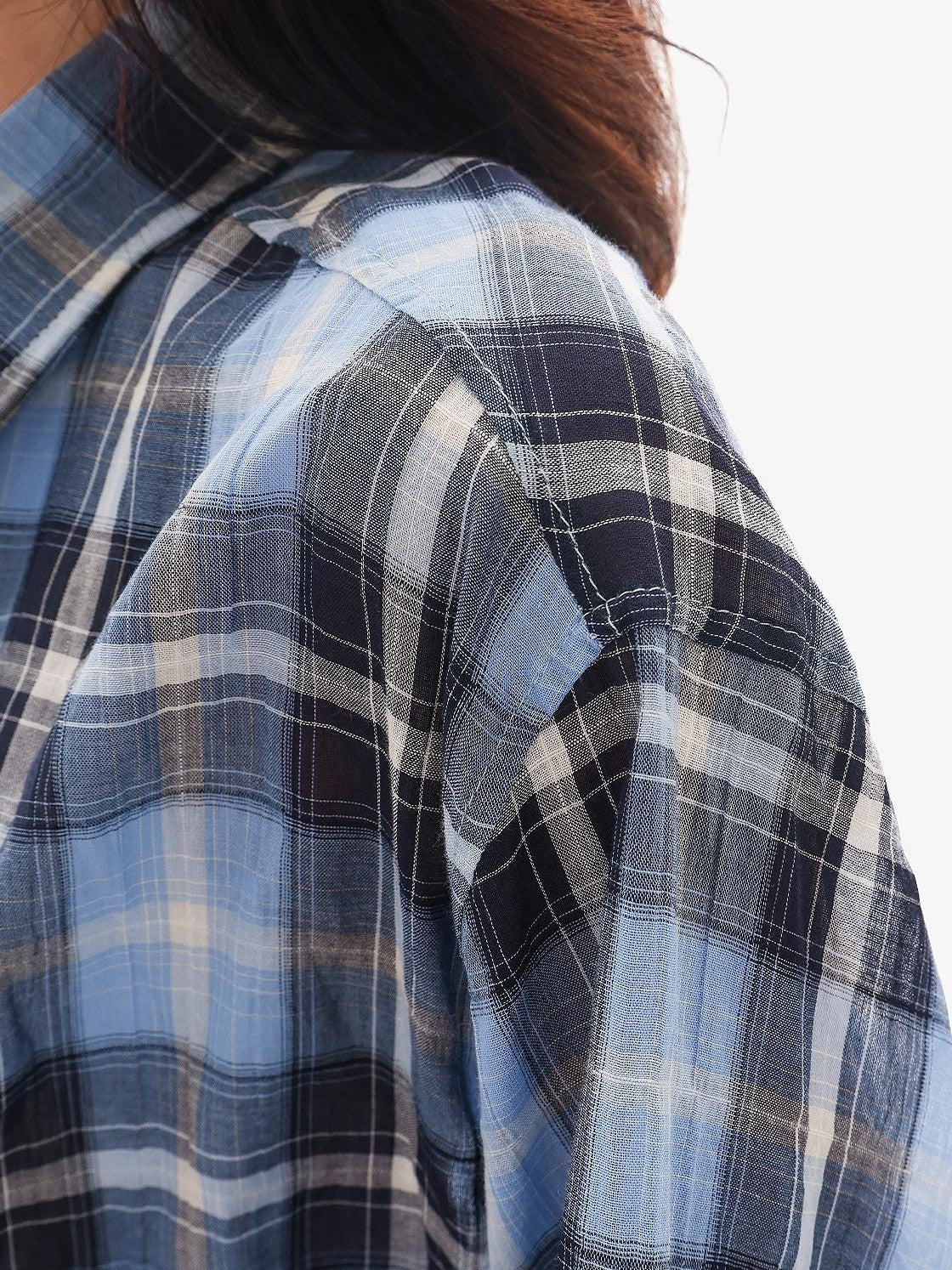 QIUQIU STUDIO Blue Black Plaid Contrast Collar Cropped Relaxed Long Sleeve Women&