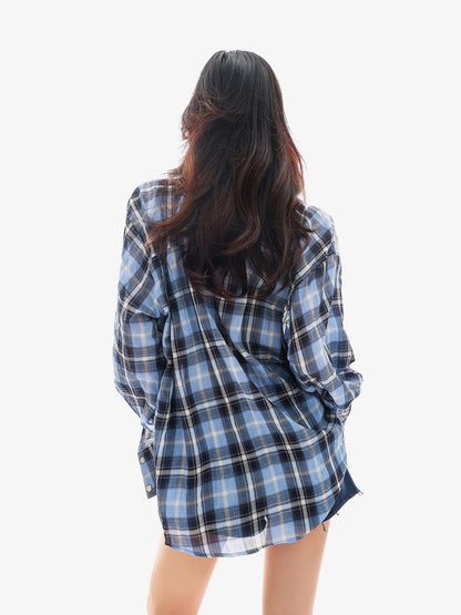 QIUQIU STUDIO Blue Black Plaid Contrast Collar Cropped Relaxed Long Sleeve Women&