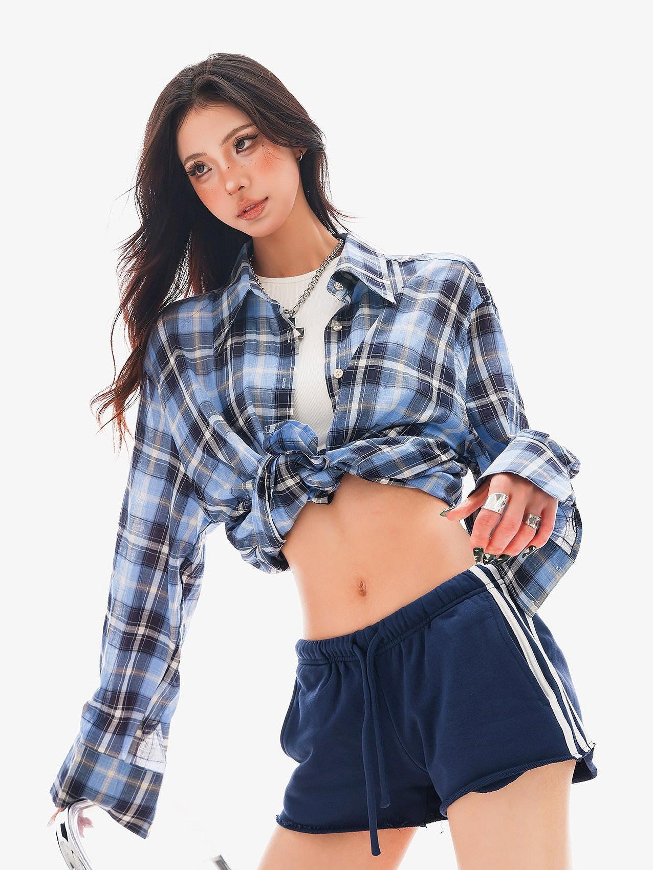 QIUQIU STUDIO Blue Black Plaid Contrast Collar Cropped Relaxed Long Sleeve Women&