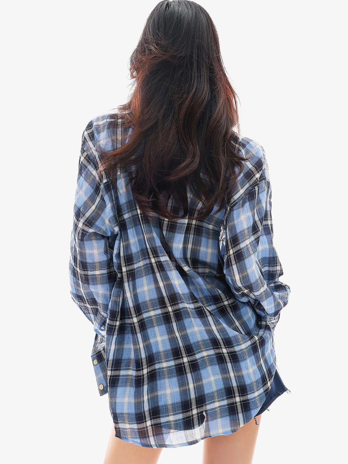 QIUQIU STUDIO Blue Black Plaid Contrast Collar Cropped Relaxed Long Sleeve Women&