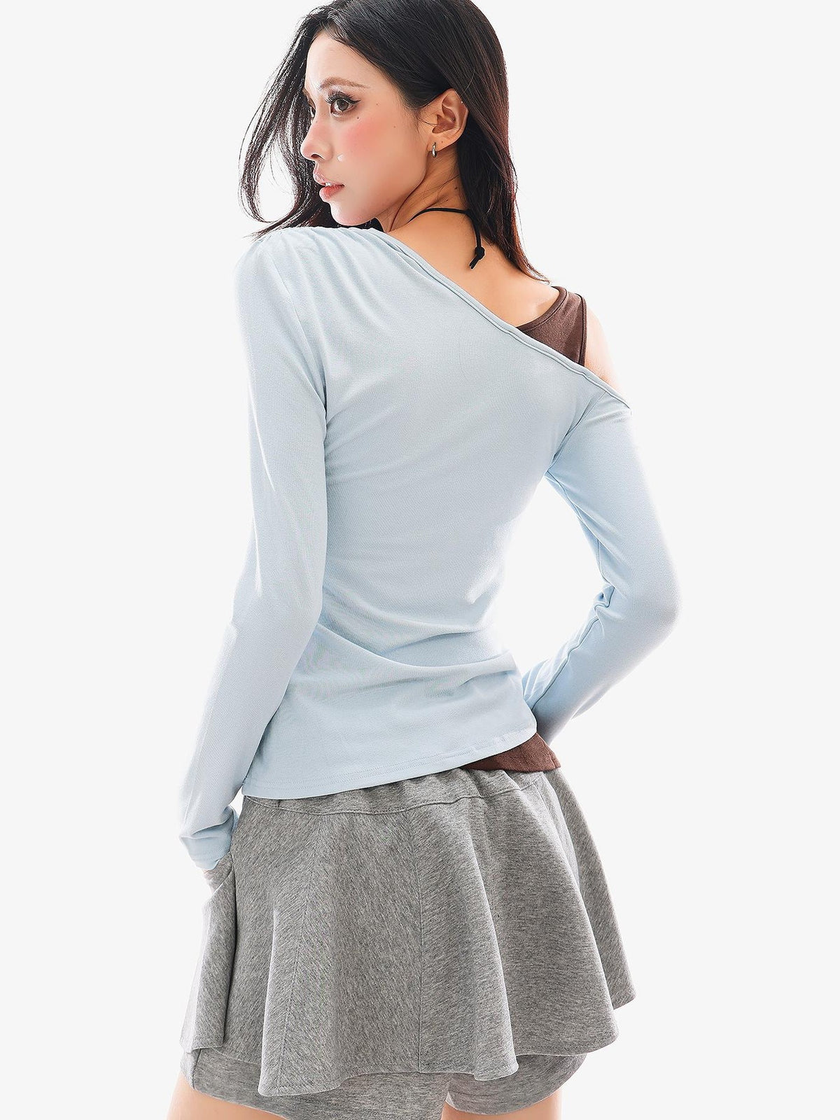 QIUQIU STUDIO Blue Colorblock Fake Two Piece Off Shoulder Slim Fit Women&