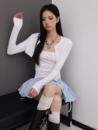 QIUQIU STUDIO Blue Lace Patchwork A Line Tulip Elastic Waist Women&