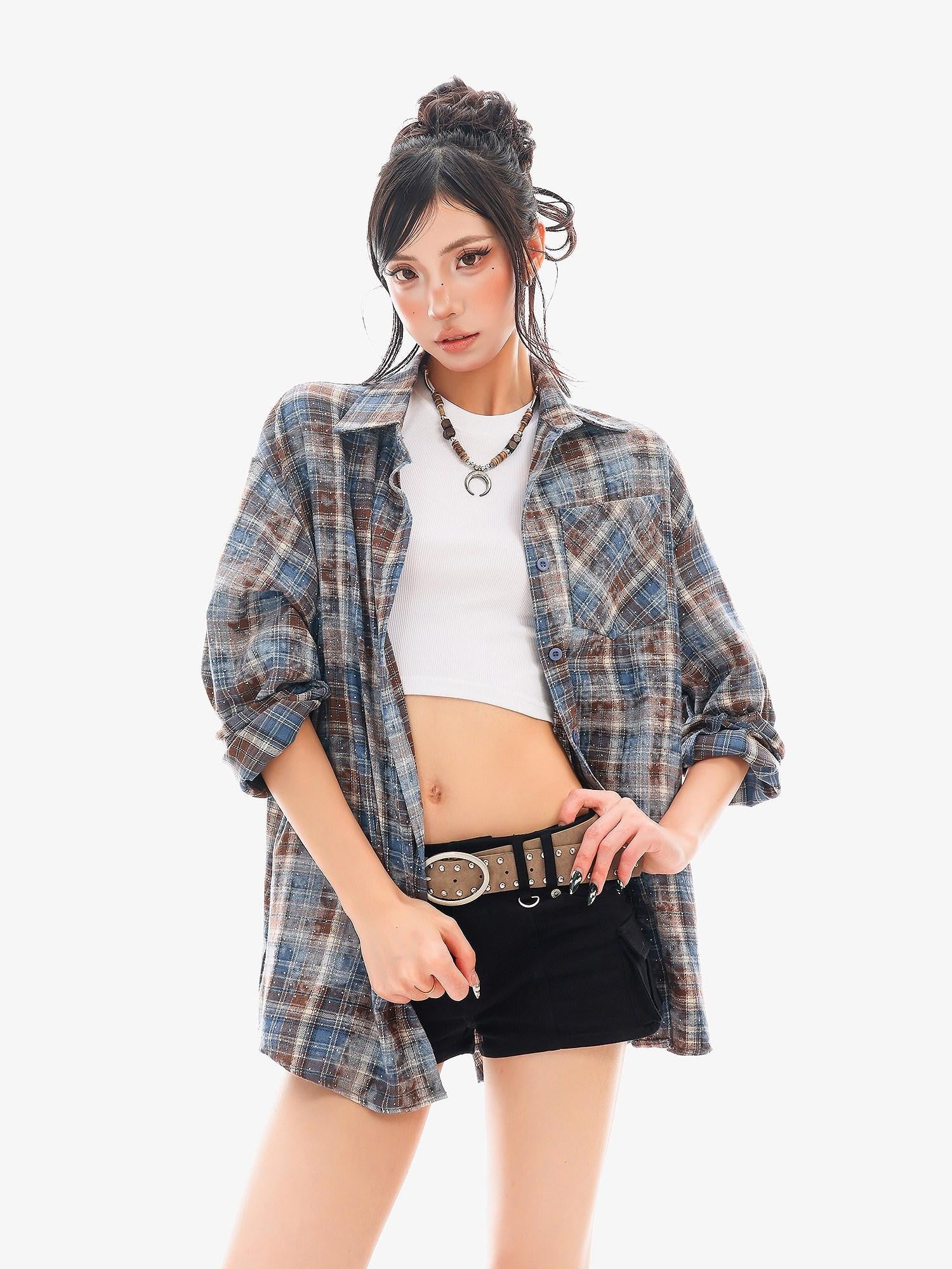 QIUQIU STUDIO Blue Plaid Hotfix Rhinestone Long Sleeve Cinched Cuff Women&