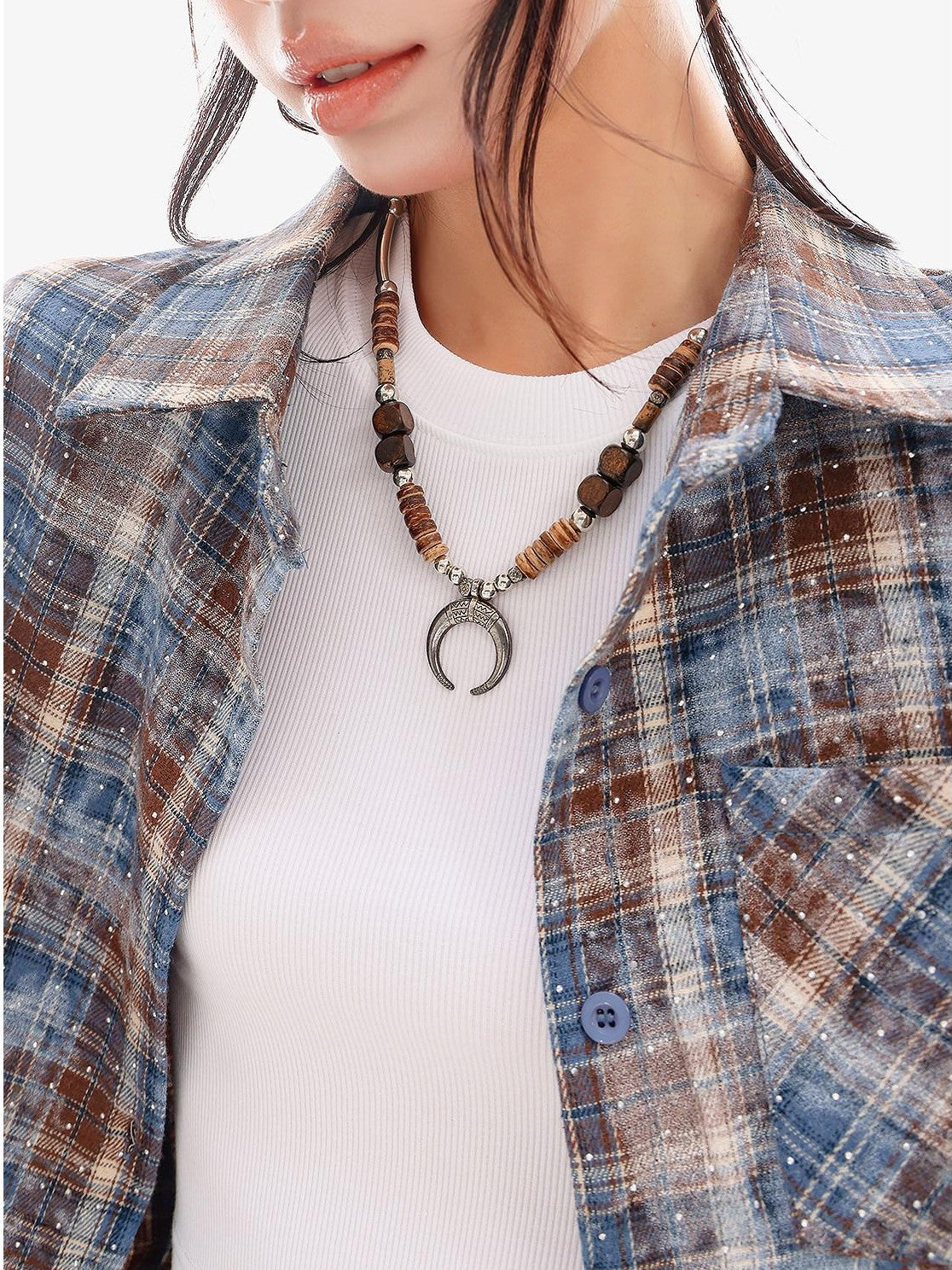 QIUQIU STUDIO Blue Plaid Hotfix Rhinestone Long Sleeve Cinched Cuff Women&