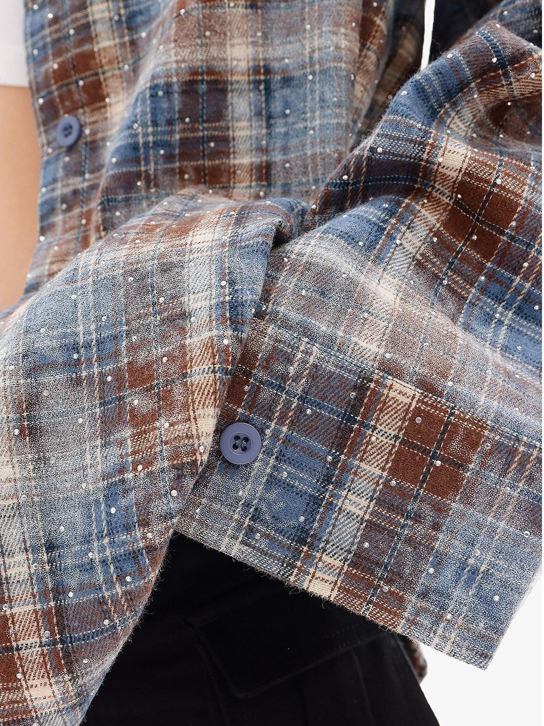 QIUQIU STUDIO Blue Plaid Hotfix Rhinestone Long Sleeve Cinched Cuff Women&