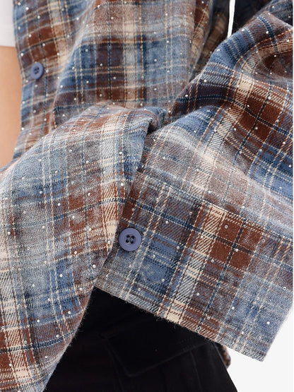 QIUQIU STUDIO Blue Plaid Hotfix Rhinestone Long Sleeve Cinched Cuff Women&