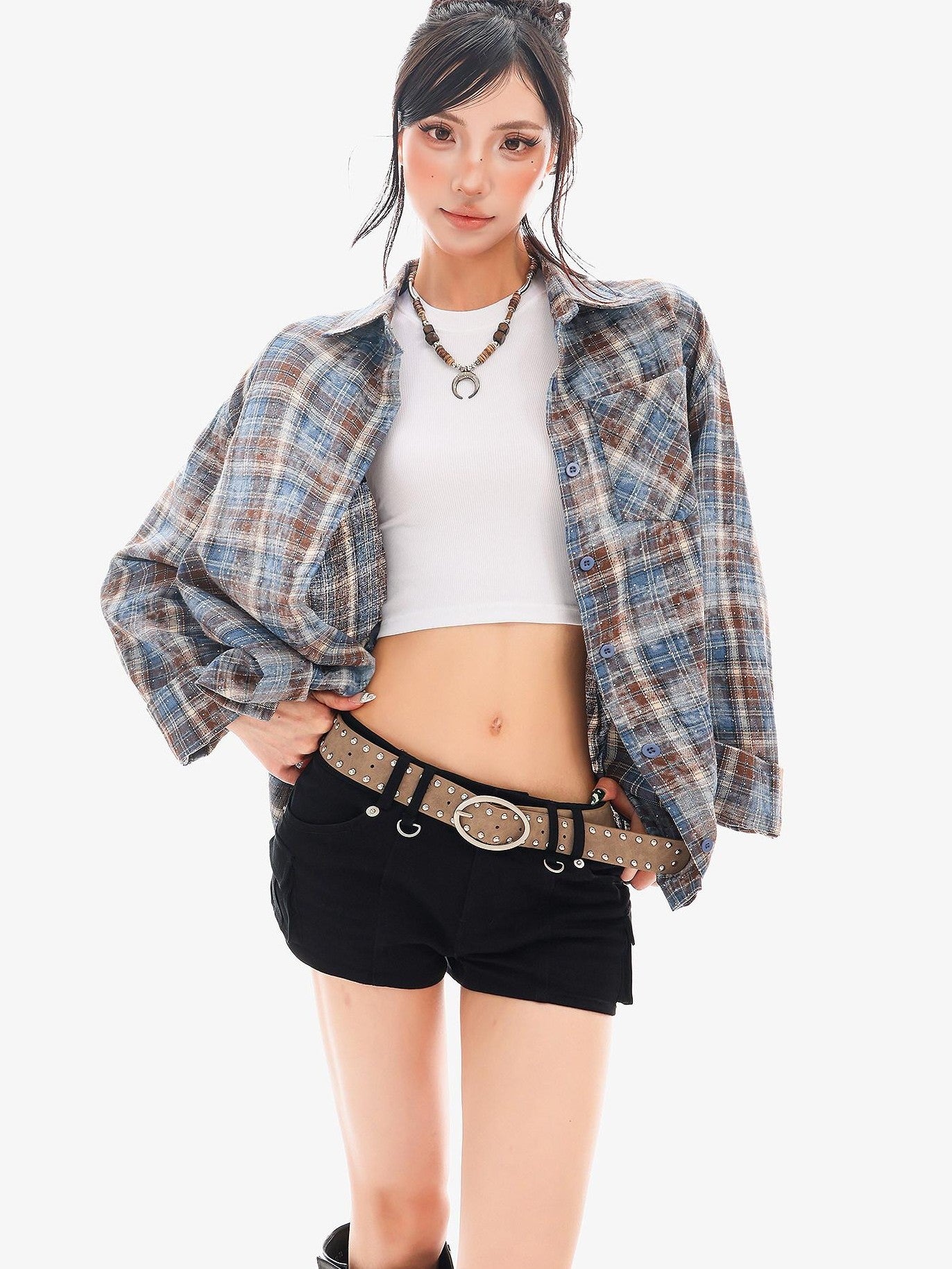 QIUQIU STUDIO Blue Plaid Hotfix Rhinestone Long Sleeve Cinched Cuff Women&