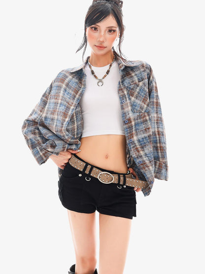 QIUQIU STUDIO Blue Plaid Hotfix Rhinestone Long Sleeve Cinched Cuff Women&