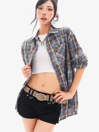 QIUQIU STUDIO Blue Plaid Hotfix Rhinestone Long Sleeve Cinched Cuff Women&