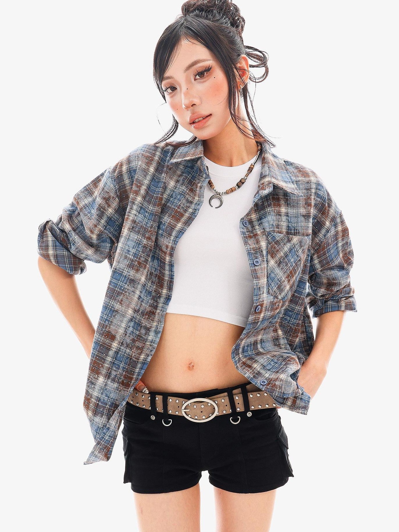 QIUQIU STUDIO Blue Plaid Hotfix Rhinestone Long Sleeve Cinched Cuff Women&