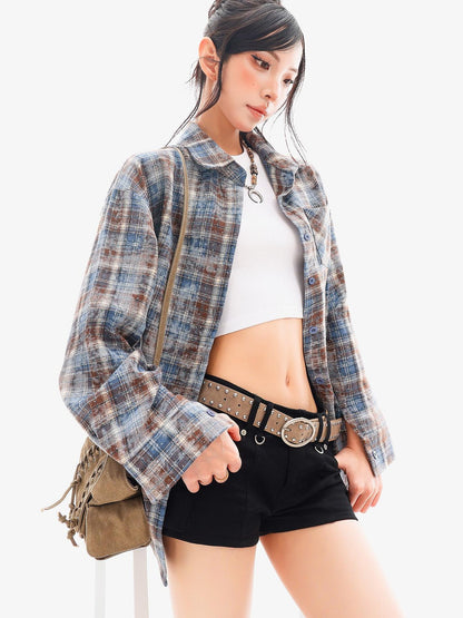 QIUQIU STUDIO Blue Plaid Hotfix Rhinestone Long Sleeve Cinched Cuff Women&
