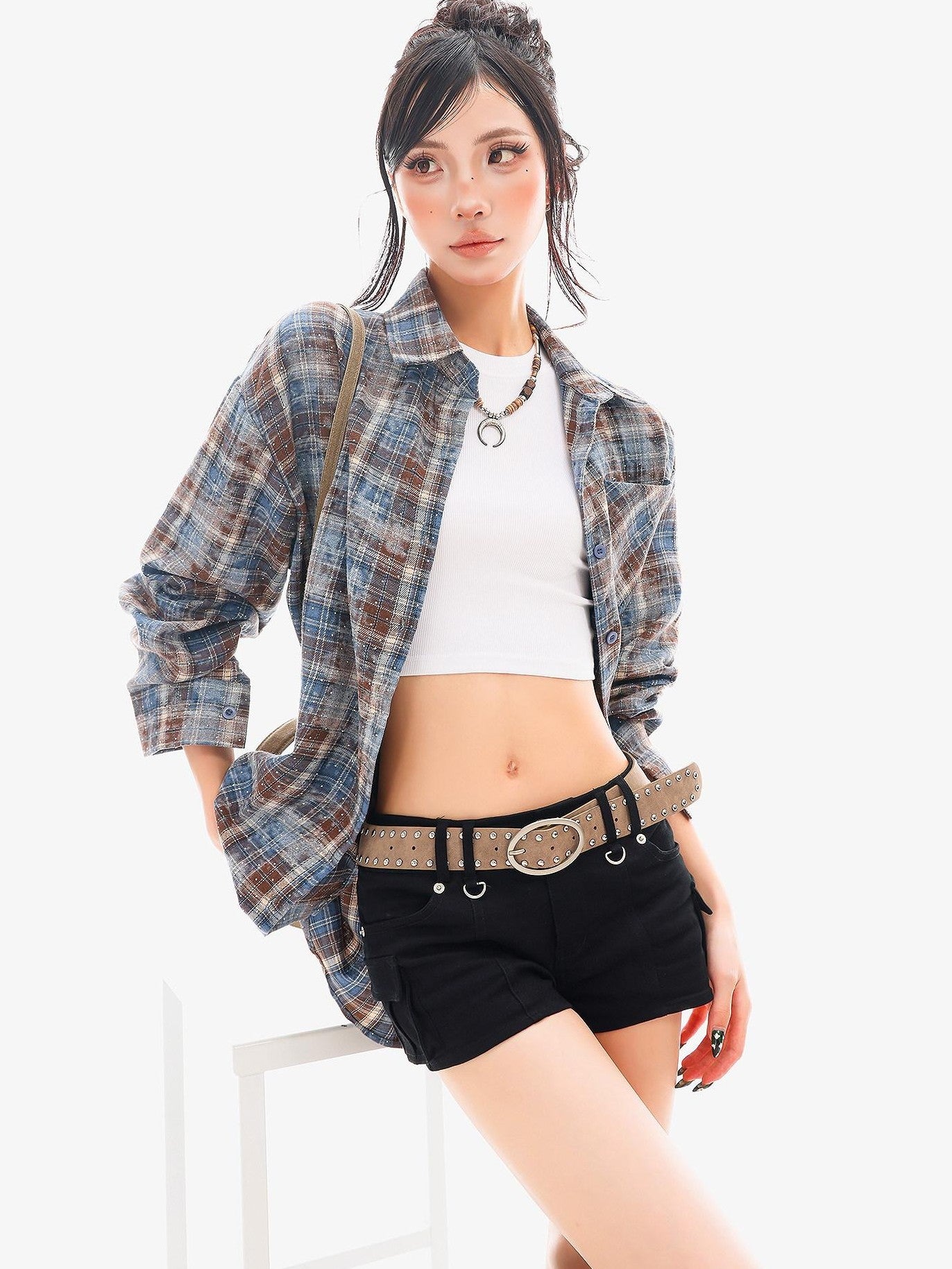 QIUQIU STUDIO Blue Plaid Hotfix Rhinestone Long Sleeve Cinched Cuff Women&