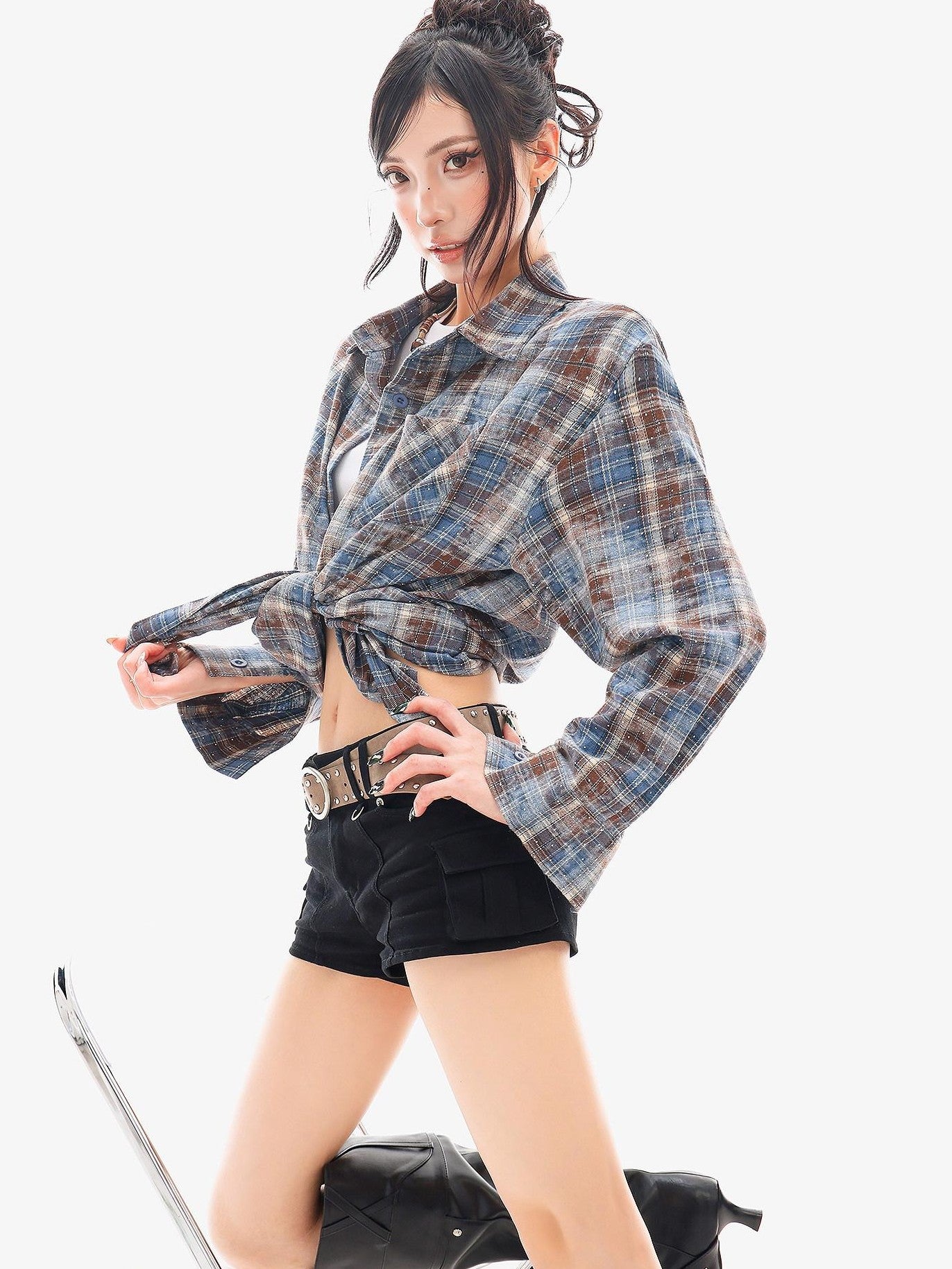 QIUQIU STUDIO Blue Plaid Hotfix Rhinestone Long Sleeve Cinched Cuff Women&