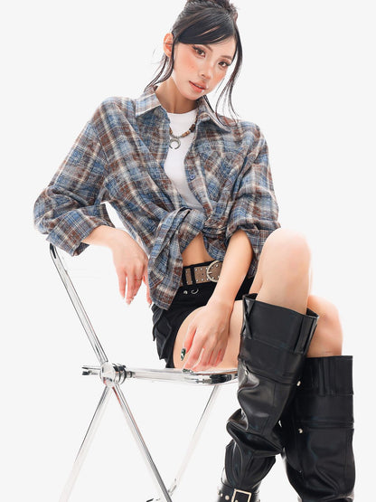 QIUQIU STUDIO Blue Plaid Hotfix Rhinestone Long Sleeve Cinched Cuff Women&