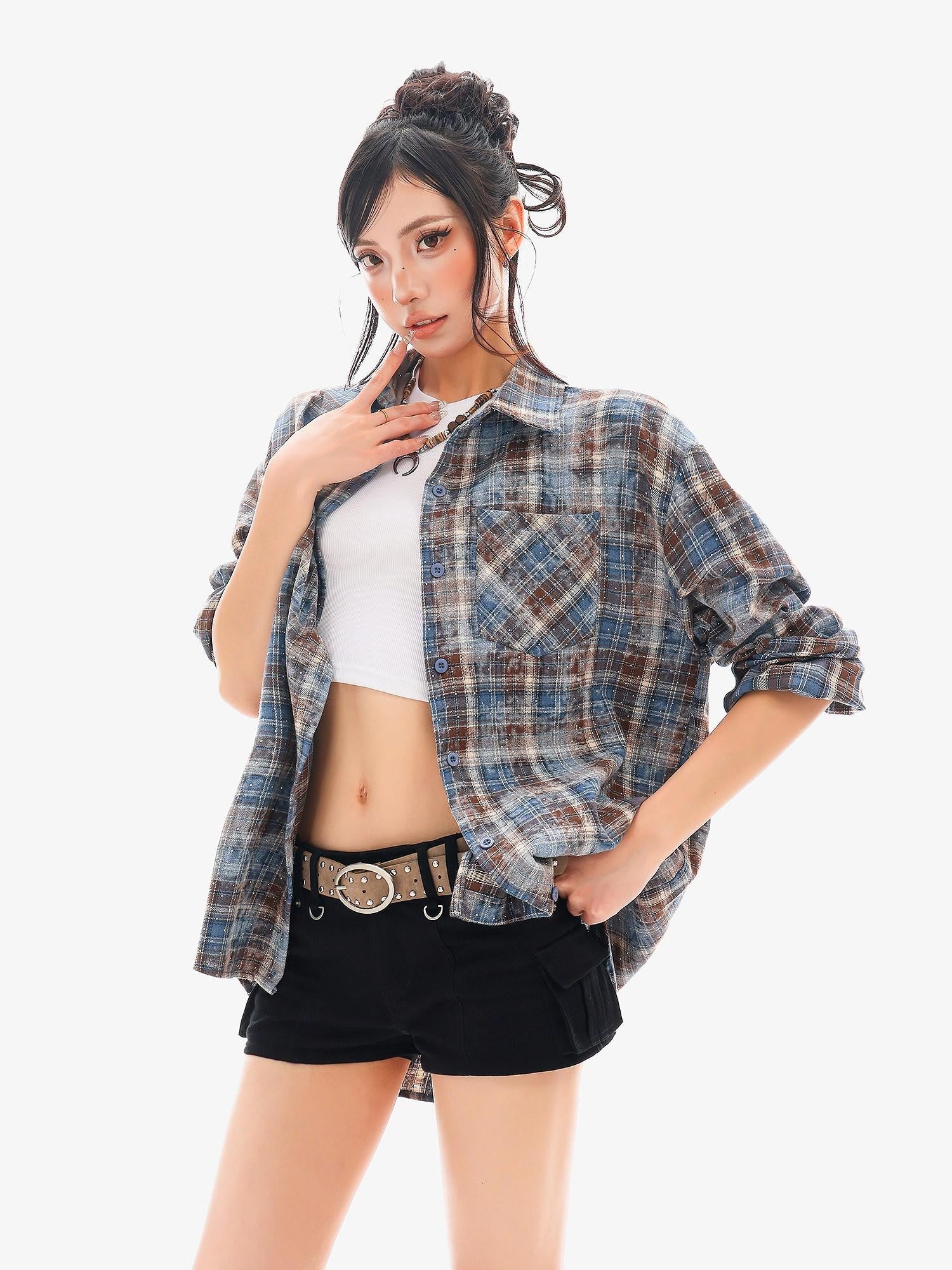 QIUQIU STUDIO Blue Plaid Hotfix Rhinestone Long Sleeve Cinched Cuff Women&