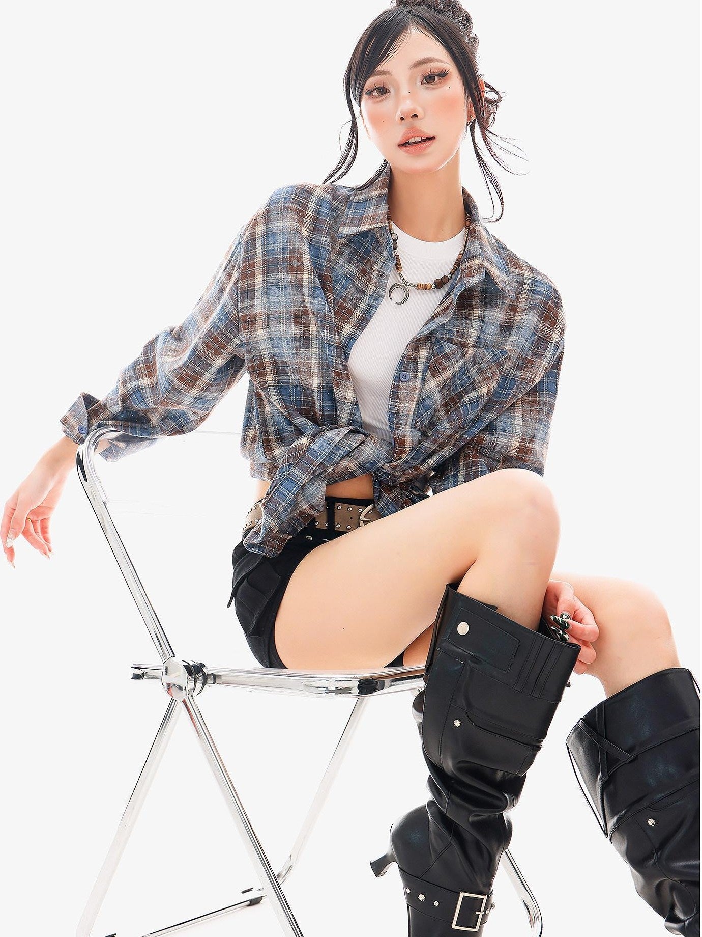 QIUQIU STUDIO Blue Plaid Hotfix Rhinestone Long Sleeve Cinched Cuff Women&