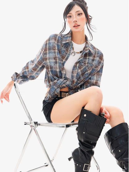 QIUQIU STUDIO Blue Plaid Hotfix Rhinestone Long Sleeve Cinched Cuff Women&