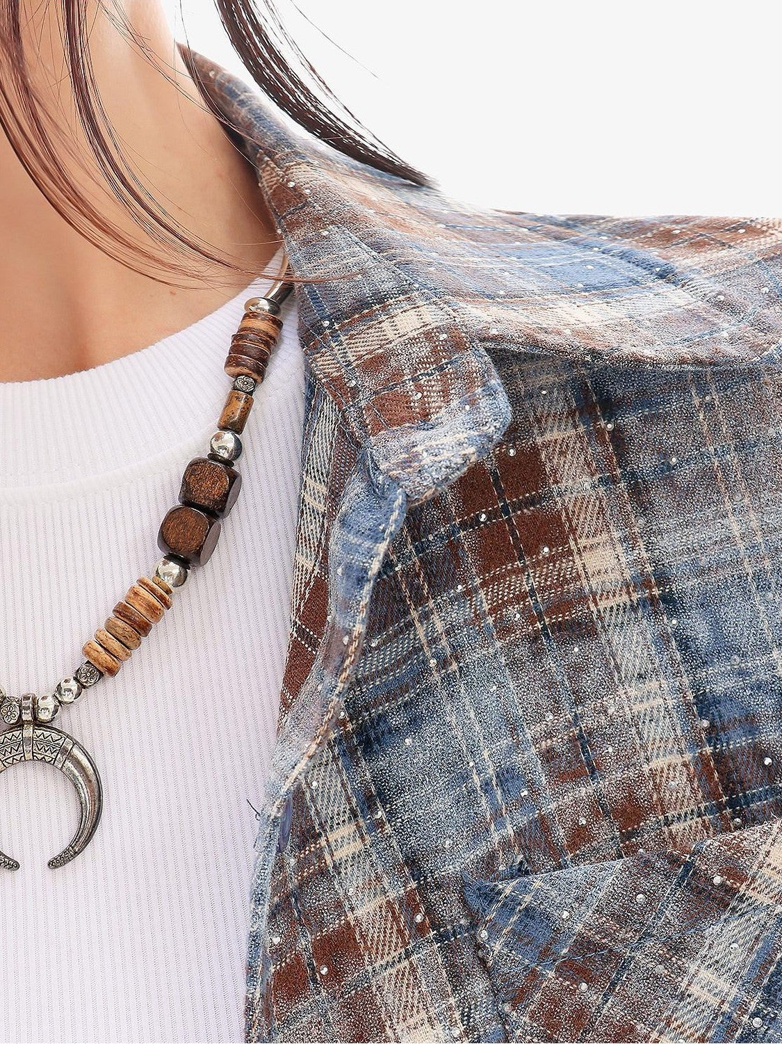 QIUQIU STUDIO Blue Plaid Hotfix Rhinestone Long Sleeve Cinched Cuff Women&