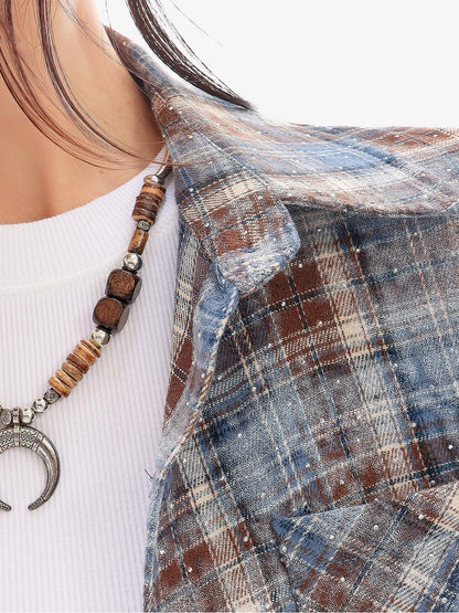 QIUQIU STUDIO Blue Plaid Hotfix Rhinestone Long Sleeve Cinched Cuff Women&