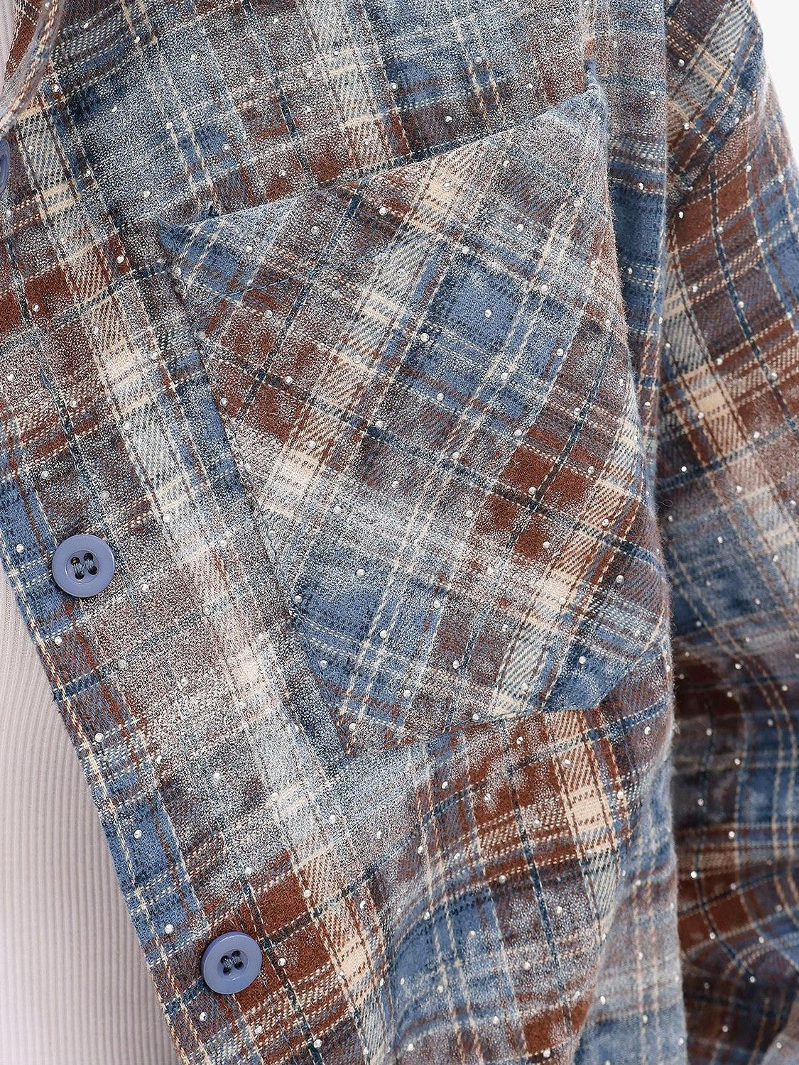 QIUQIU STUDIO Blue Plaid Hotfix Rhinestone Long Sleeve Cinched Cuff Women&