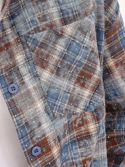 QIUQIU STUDIO Blue Plaid Hotfix Rhinestone Long Sleeve Cinched Cuff Women&