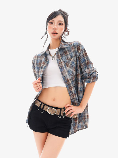 QIUQIU STUDIO Blue Plaid Hotfix Rhinestone Long Sleeve Cinched Cuff Women&