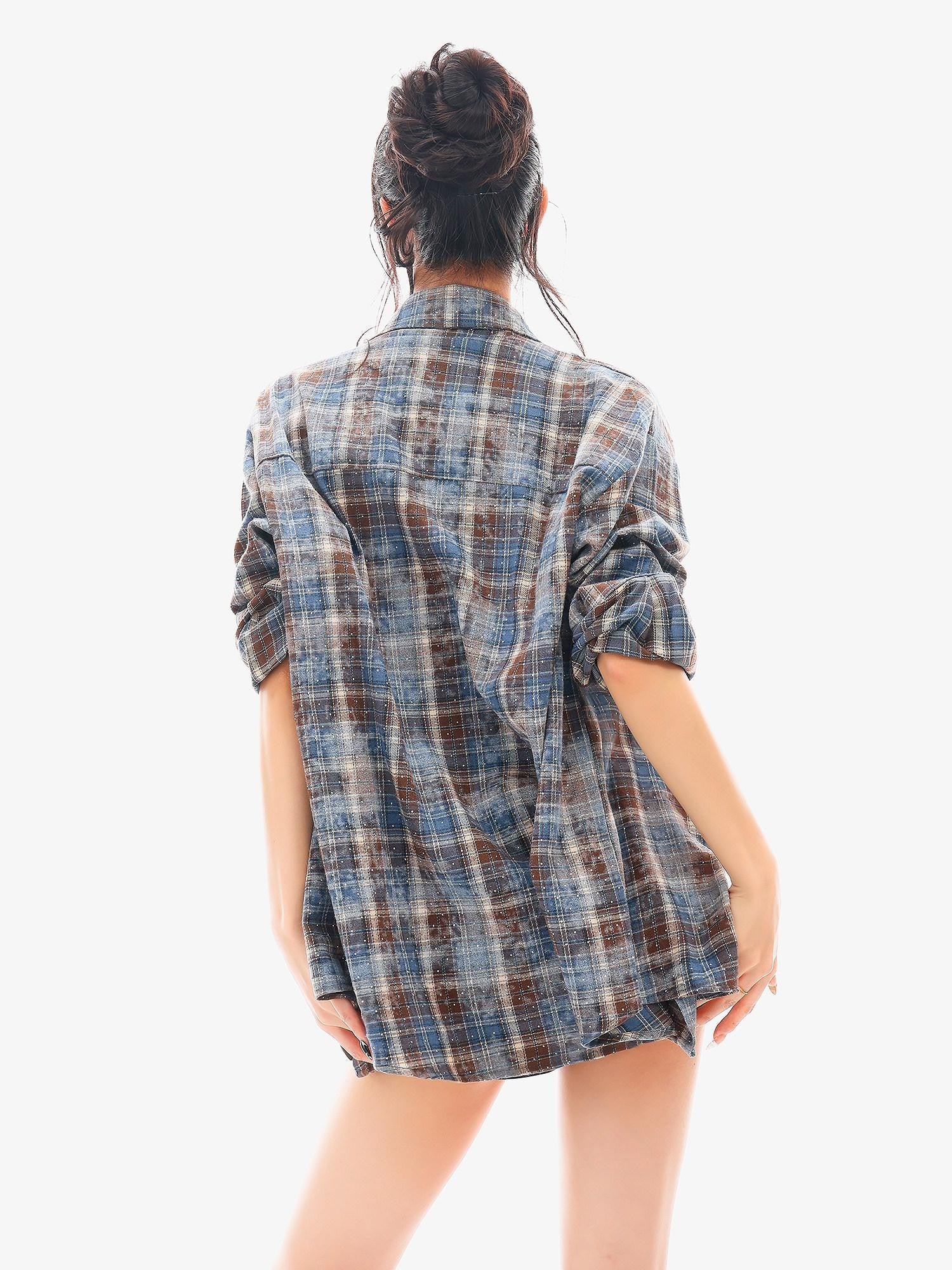 QIUQIU STUDIO Blue Plaid Hotfix Rhinestone Long Sleeve Cinched Cuff Women&