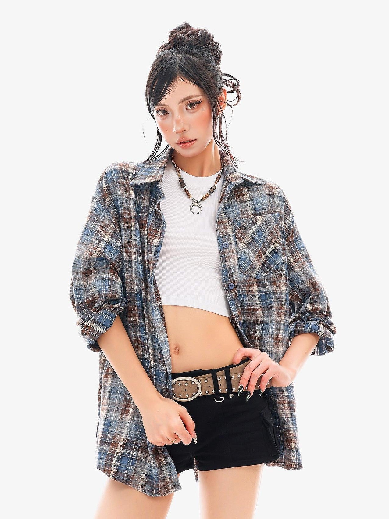 QIUQIU STUDIO Blue Plaid Hotfix Rhinestone Long Sleeve Cinched Cuff Women&
