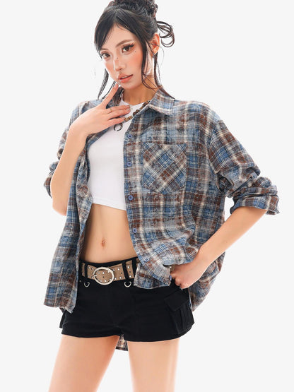 QIUQIU STUDIO Blue Plaid Hotfix Rhinestone Long Sleeve Cinched Cuff Women&