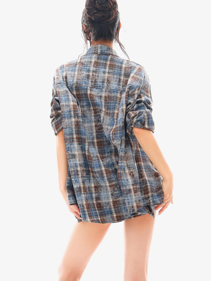 QIUQIU STUDIO Blue Plaid Hotfix Rhinestone Long Sleeve Cinched Cuff Women&