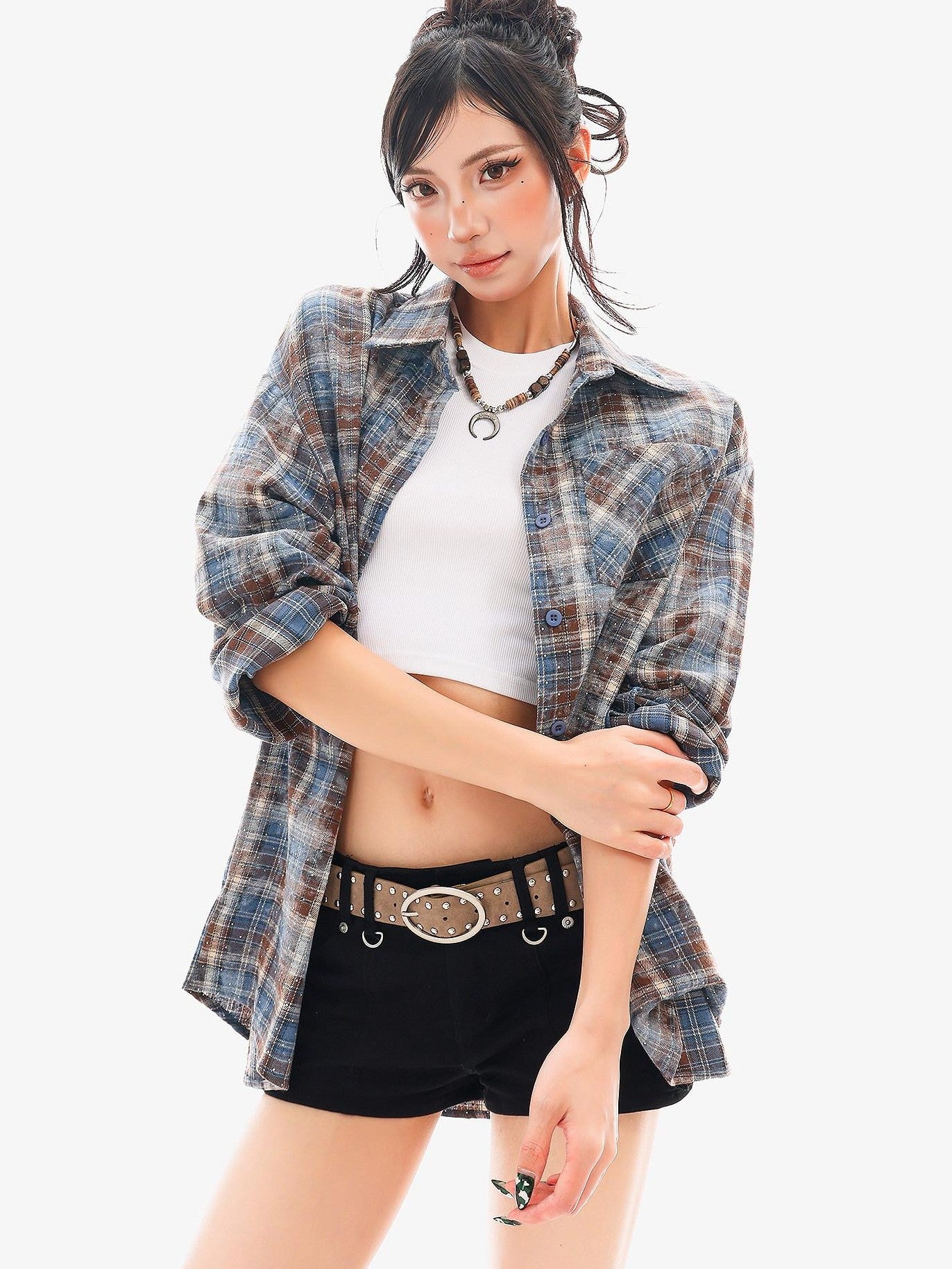 QIUQIU STUDIO Blue Plaid Hotfix Rhinestone Long Sleeve Cinched Cuff Women&