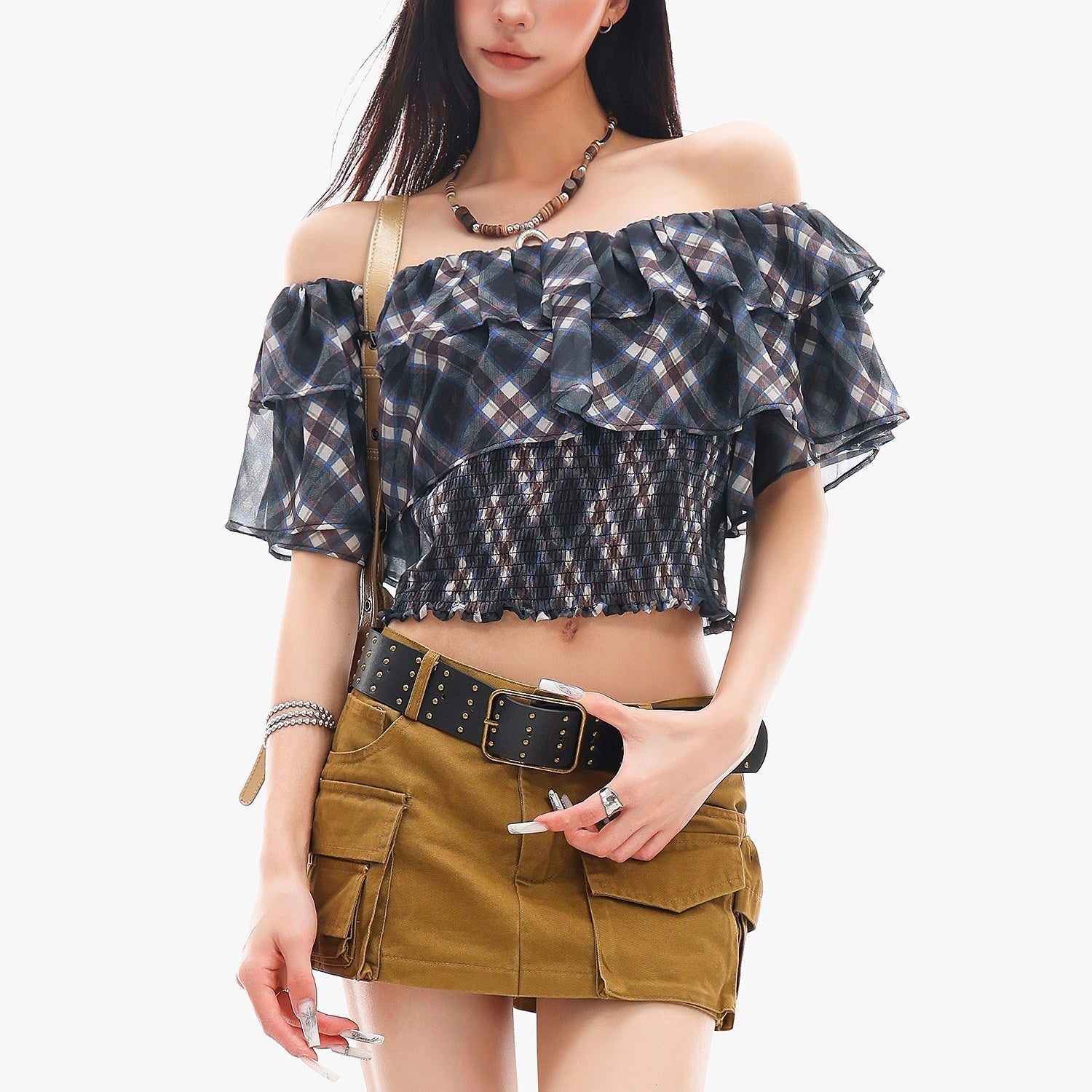 QIUQIU_STUDIO_Blue_Plaid_Ruffle_Straight_Neck_Slim_Fit_Cropped_Women&