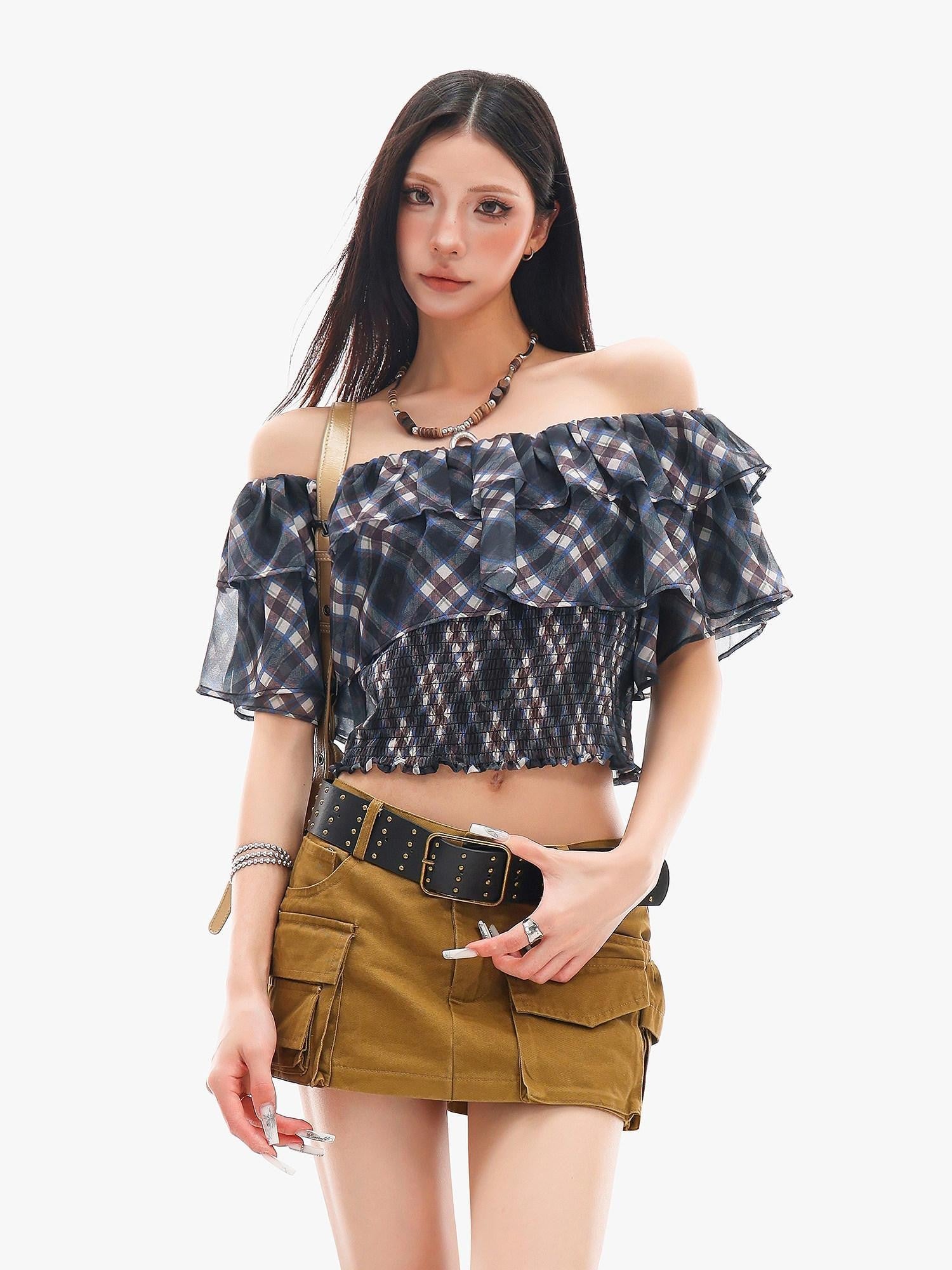 QIUQIU STUDIO Blue Plaid Ruffle Straight Neck Slim Fit Cropped Women&