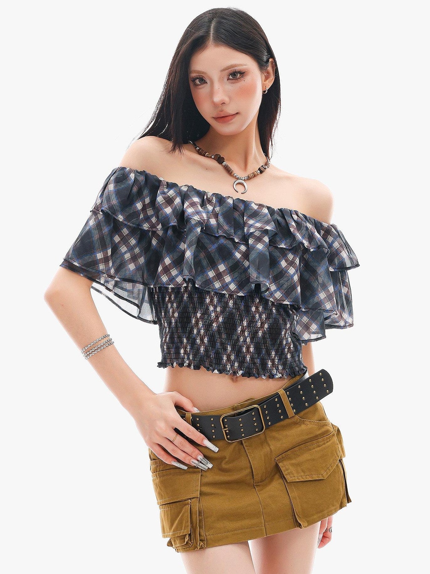 QIUQIU STUDIO Blue Plaid Ruffle Straight Neck Slim Fit Cropped Women&