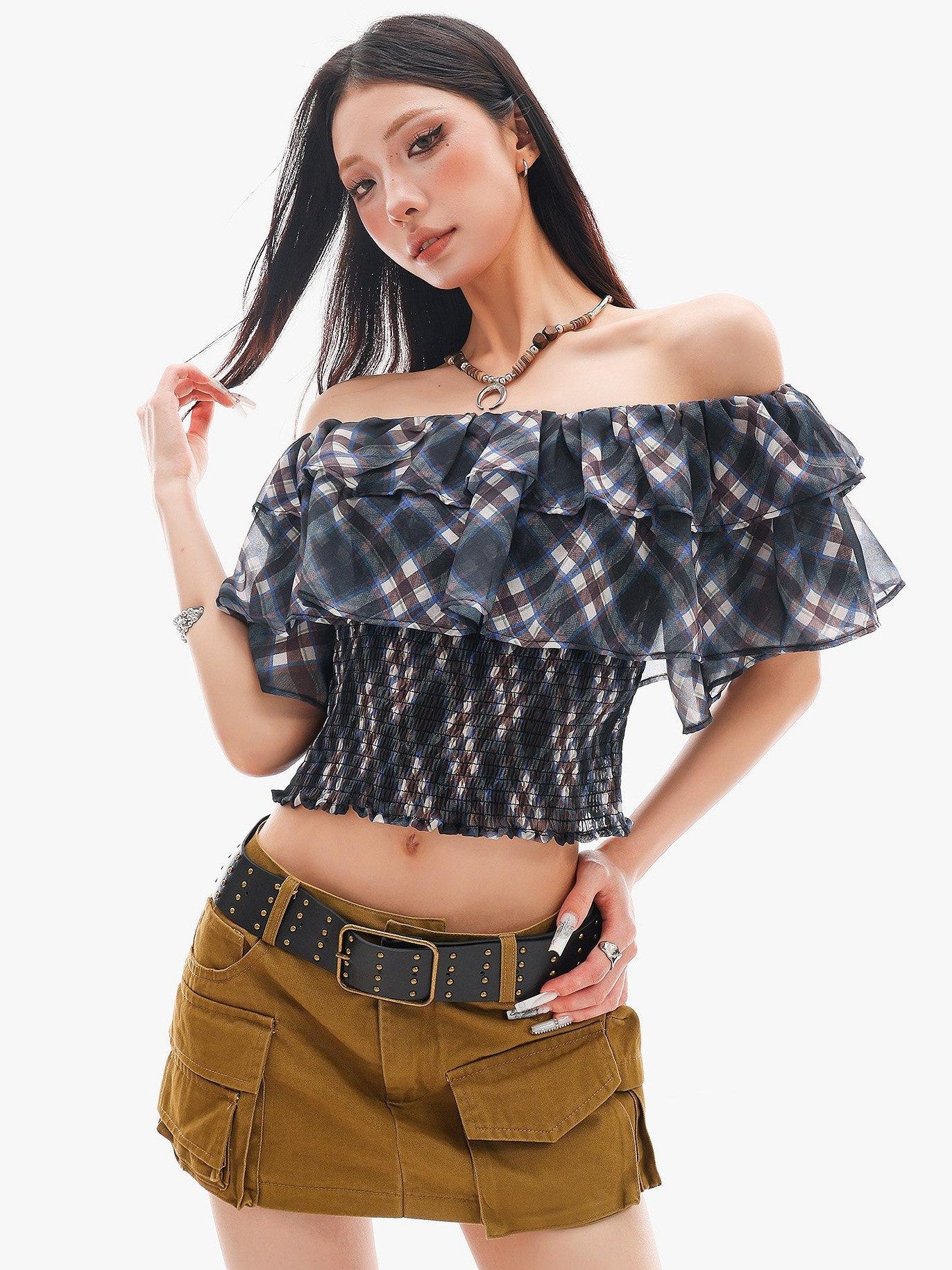 QIUQIU STUDIO Blue Plaid Ruffle Straight Neck Slim Fit Cropped Women&