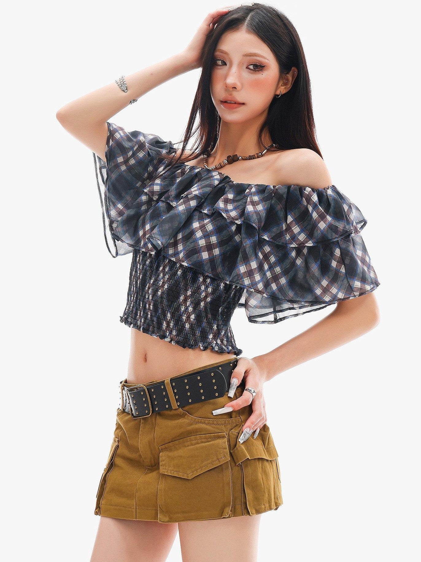 QIUQIU STUDIO Blue Plaid Ruffle Straight Neck Slim Fit Cropped Women&